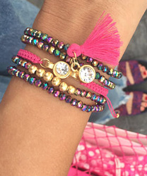 Swarovski - Pink Tassel - Jewelry Colorful Beads - Rope Bracelet - Stretch Beaded Bracelet