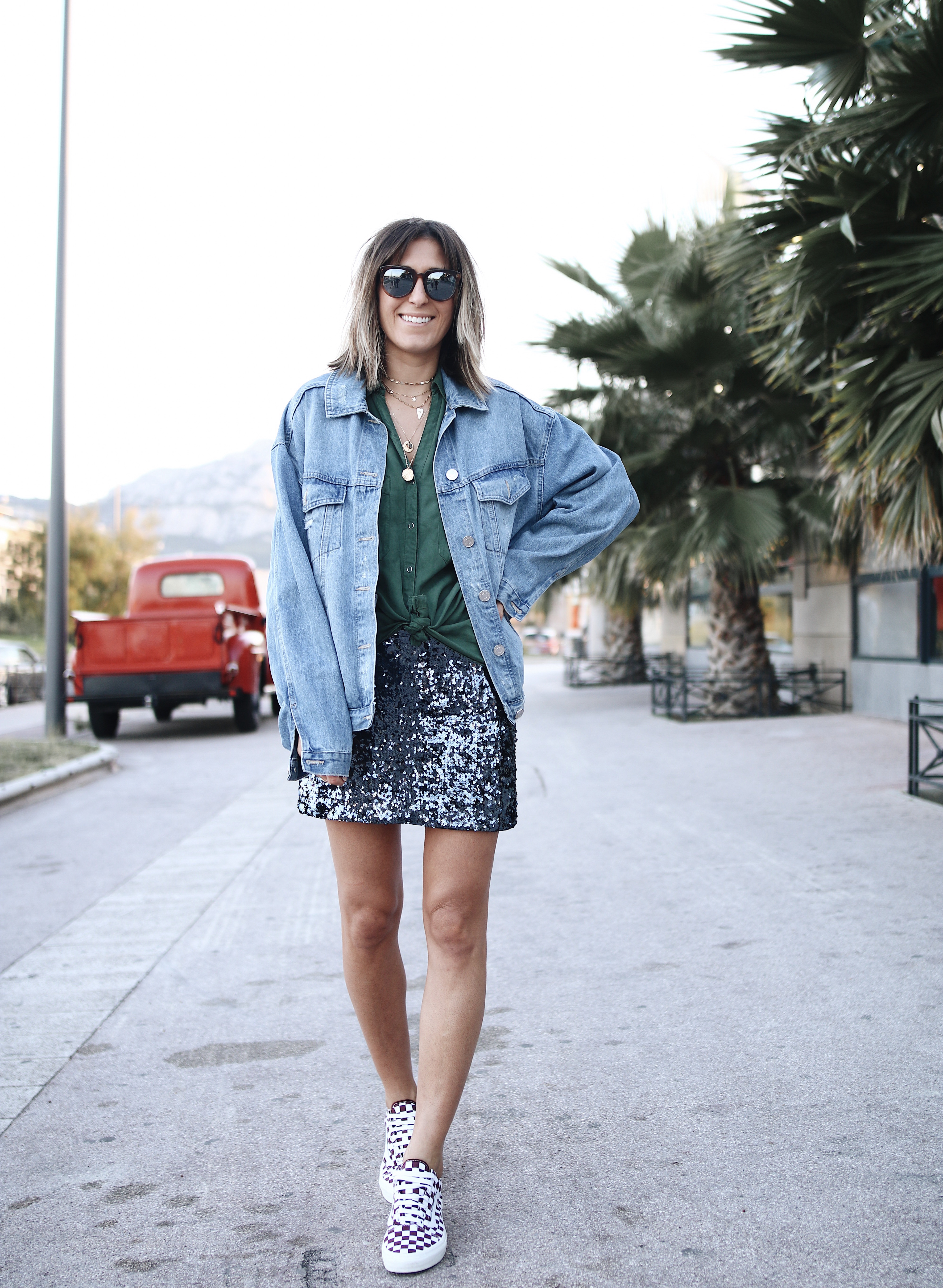HOW TO STYLE SEQUIN SKIRT WITH DENIM JACKET AND VANS SNEAKERS