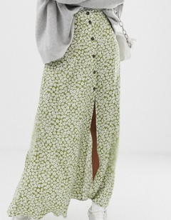 ASOS DESIGN – Jupe longue boutonnée sur le devant avec imprimé à fleurs vert