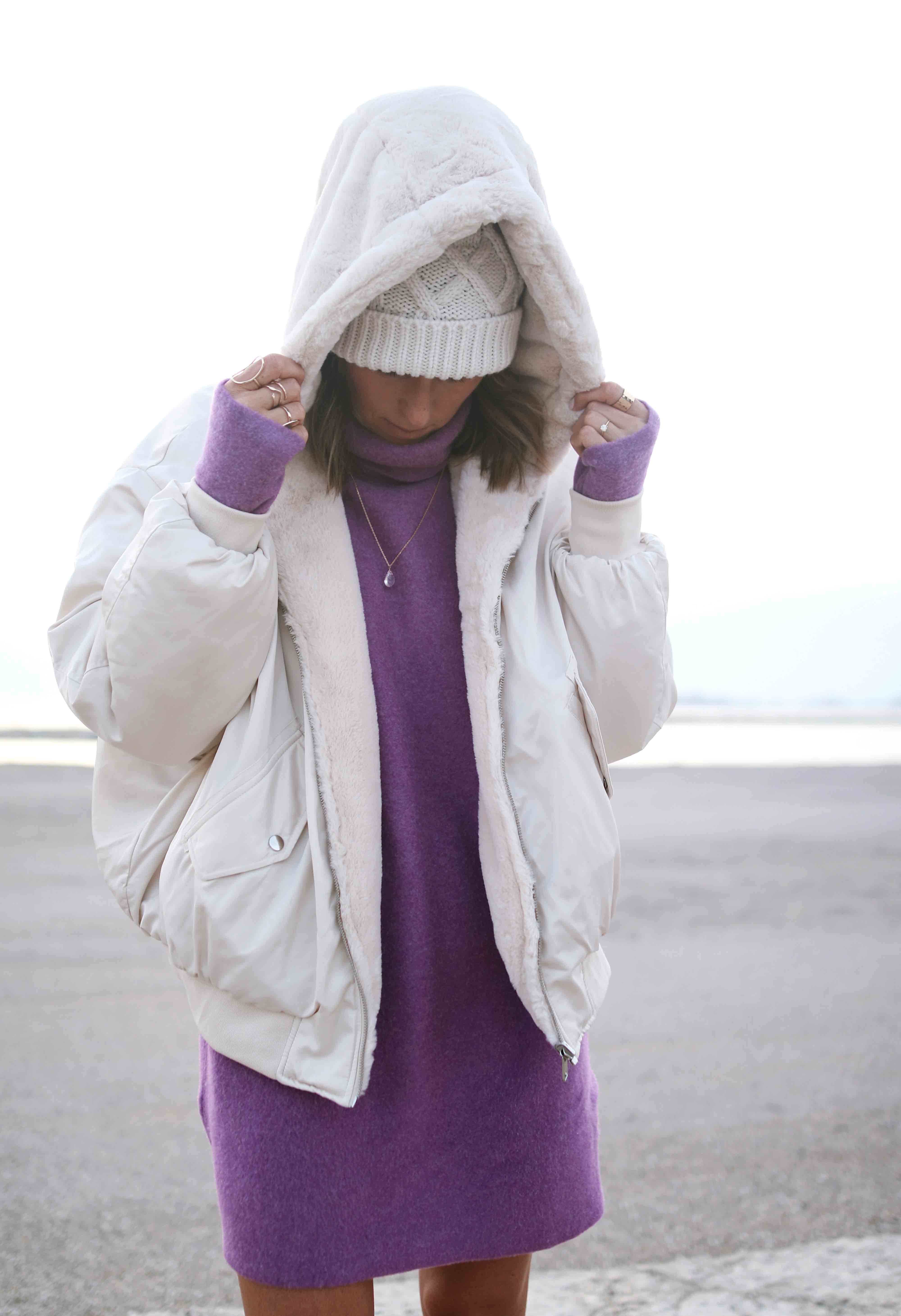 @chon.and.chon www.chonandchon.com robe zara, blouson bombers beige, casual style, robe pull violet