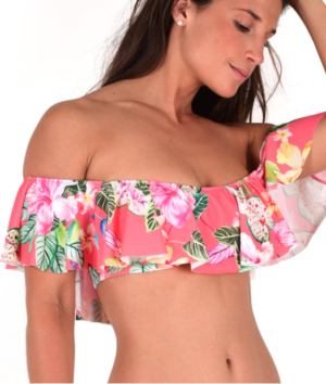 MONPETITBIKINI MON BANDEAU BARDOT À FLEURS ROSE CORAIL (HAUT)