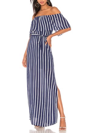 ALICE + OLIVIA GRAZI OFF THE SHOULDER MAXI DRESS IN OASIS STRIPE