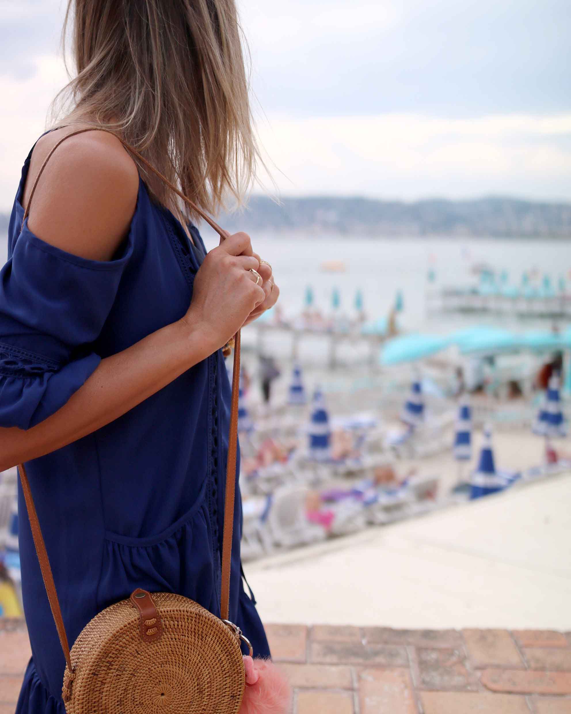 necklaces layering, gold necklaces, blue summer dress with fur converse, bali bag, round bag, sequins military jacket. summer look, summer dress