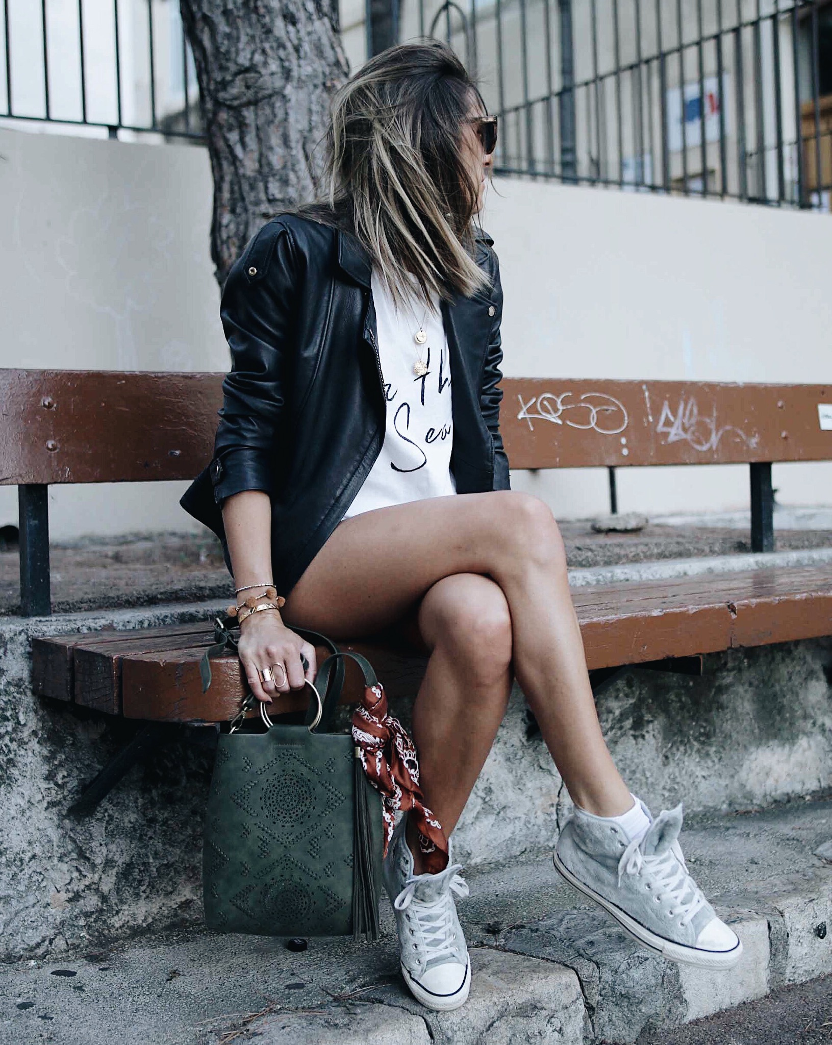 casual look with white tee-shier and denim shorts; fur converse and anthropologie bag