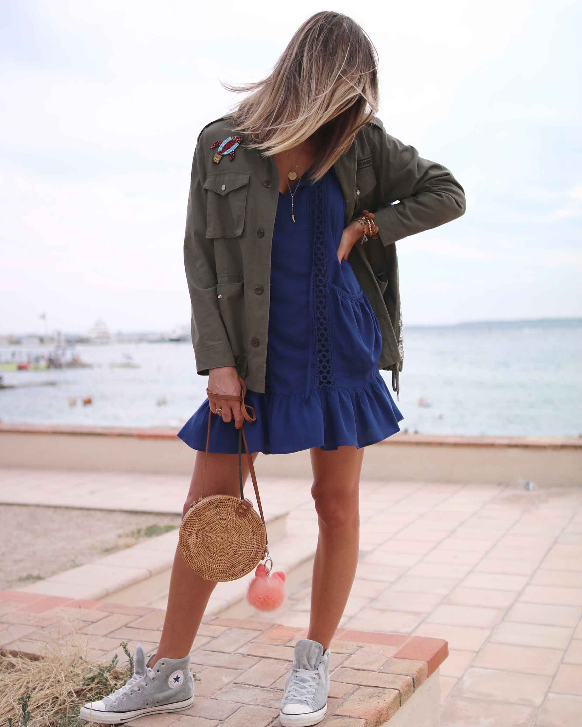 blue summer dress with fur converse, bali bag, round bag, sequins military jacket. summer look, summer dress