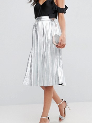 ASOS – JUPE PLISSÉE MI-LONGUE – ARGENT MÉTALLISÉ