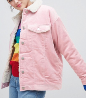 Monki – Veste en velours côtelé avec col aspect peau de mouton – Rose