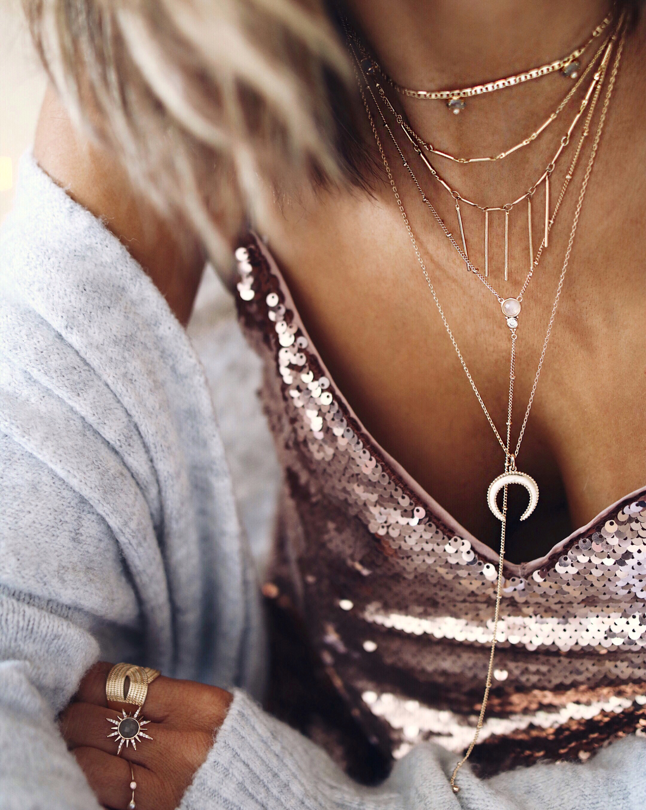 NECKLACES LAYERING, gold necklaces, sequins top