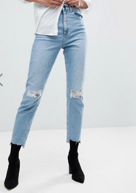 ASOS DESIGN – Farleigh – Jean mom slim à taille haute avec déchirures aux genoux et effet rapiécé – Délavage vintage clair