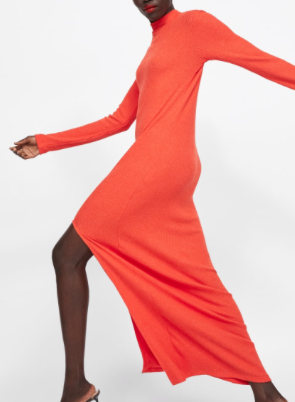 ROBE CÔTELÉE À FENTE CORAIL ZARA