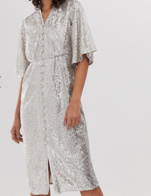 River Island – Robe boutonnée à sequins – Argenté