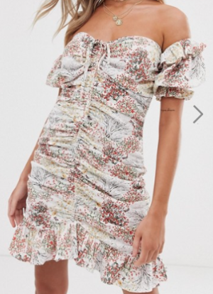 ASOS DESIGN – Robe d’été courte style Bardot froncée à fleurs