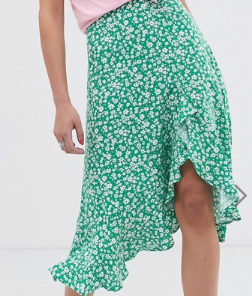 Bershka – Jupe asymétrique imprimé petites fleurs – Vert