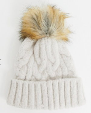 ASOS DESIGN – Bonnet torsadé avec pompon en fausse fourrure – Chiné