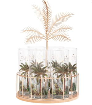 Support palmier en métal avec 6 chopes en verre imprimé palmier