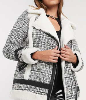 River Island – Blouson aviateur en maille bouclée – Crème