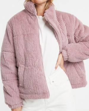 New Look – Doudoune en velours côtelé et fausse fourrure – Rose clair