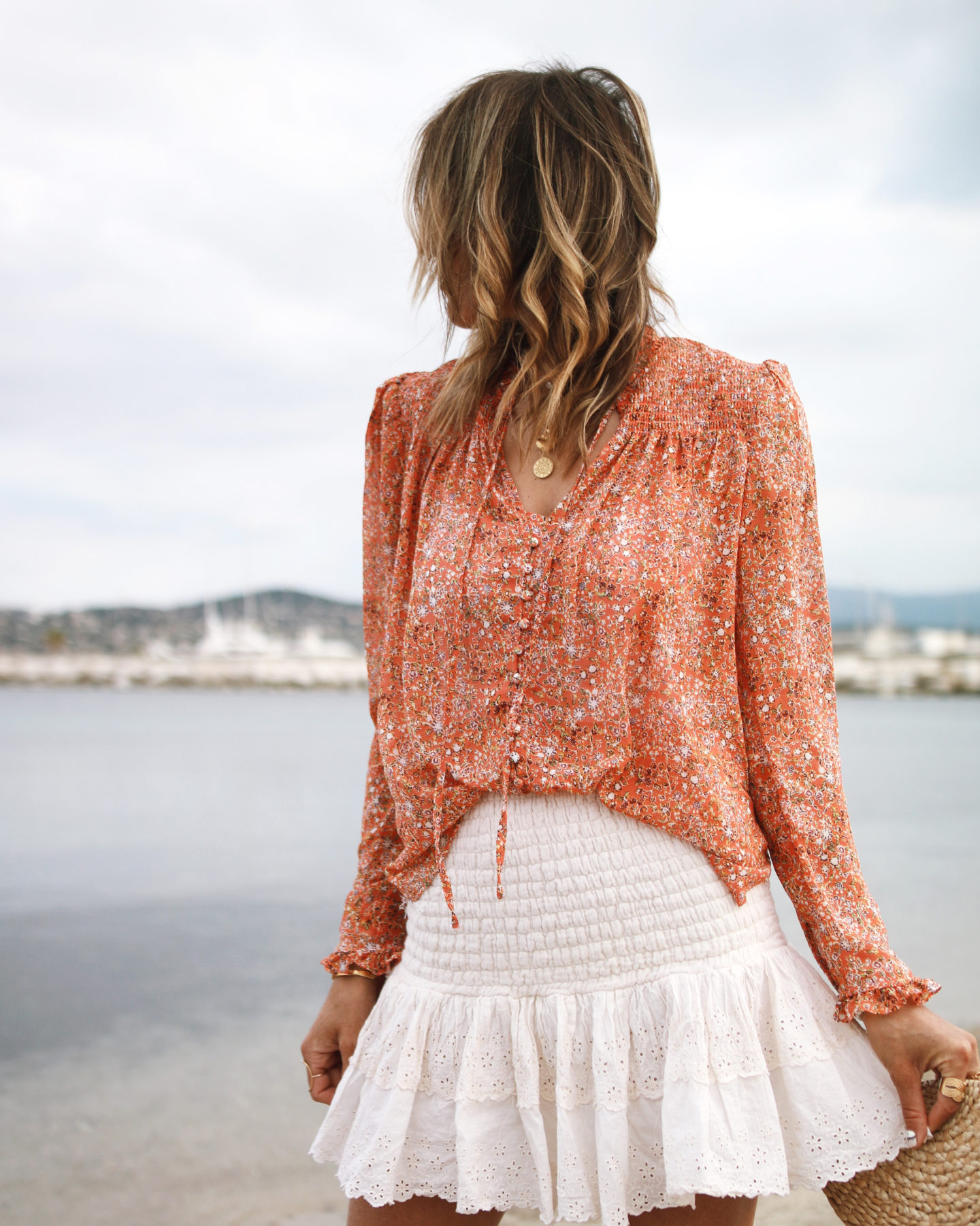 Coral blouse with mini skirt Blouse free people