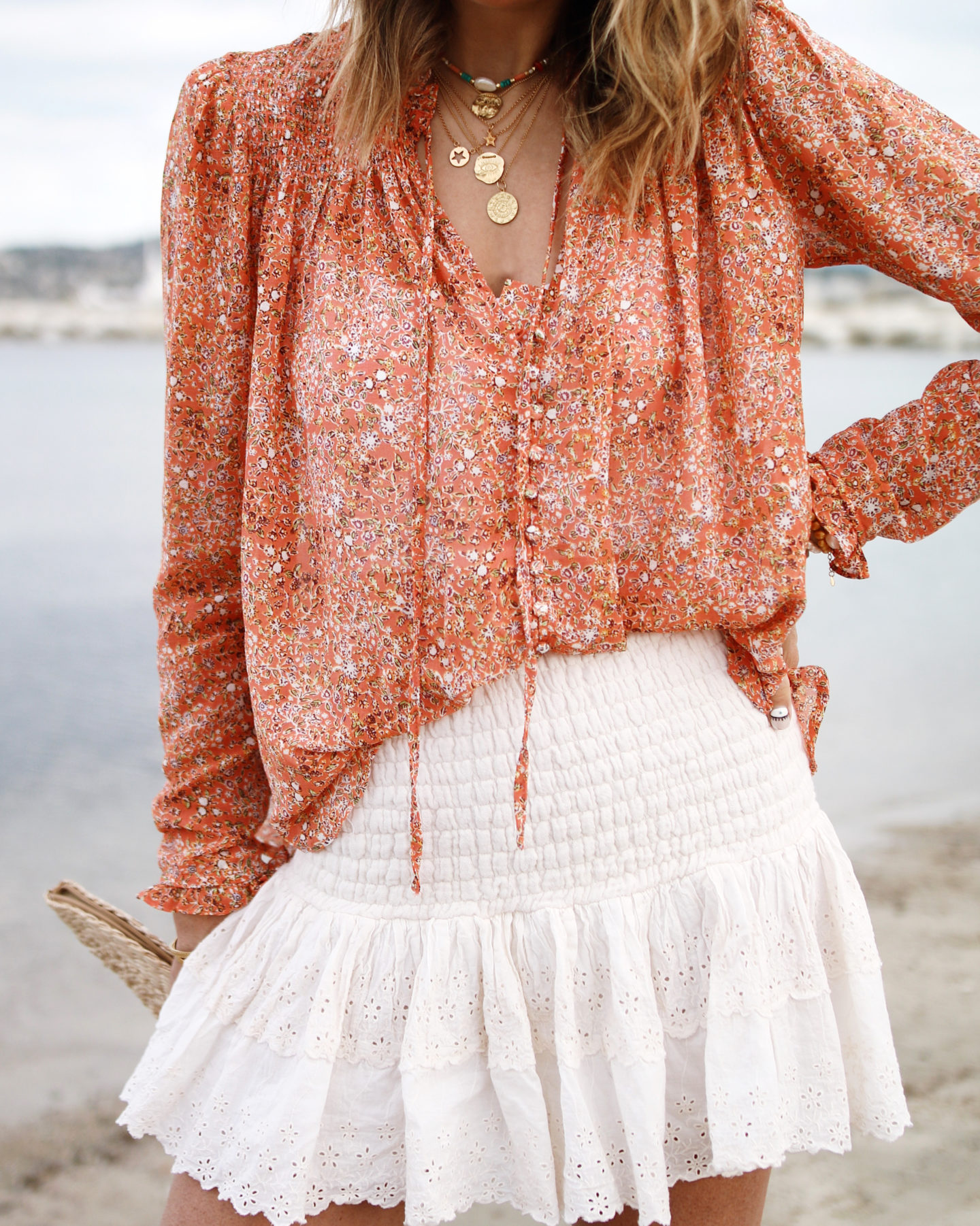 Coral blouse with mini skirt Blouse free people