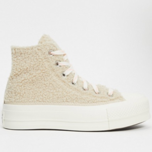 Converse – Cosy Club – Baskets à plateformes en imitation peau de mouton – Crème