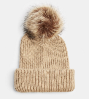 Topshop – Bonnet avec pompon en fausse fourrure – Camel