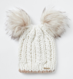 Beige cable knit double pom pom beanie hat RIVRE ISLAND
