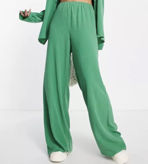 Topshop – Pantalon d’ensemble large en tissu brossé froissé de qualité supérieure – Vert