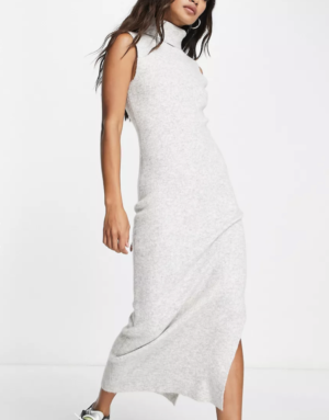 Topshop – Robe sans manches longue fendue sur le côté en maille à col cheminée – Gris chiné
