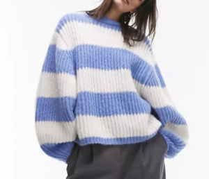 Topshop – Pull duveteux en maille à manches volumineuses et rayures – Bleu et blanc