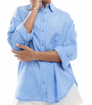 Stradivarius – Chemise à manches longues en aspect lin – Bleu