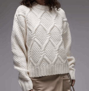 Topshop – Pull oversize en maille torsadée épaisse avec col ras de cou – Ivoire