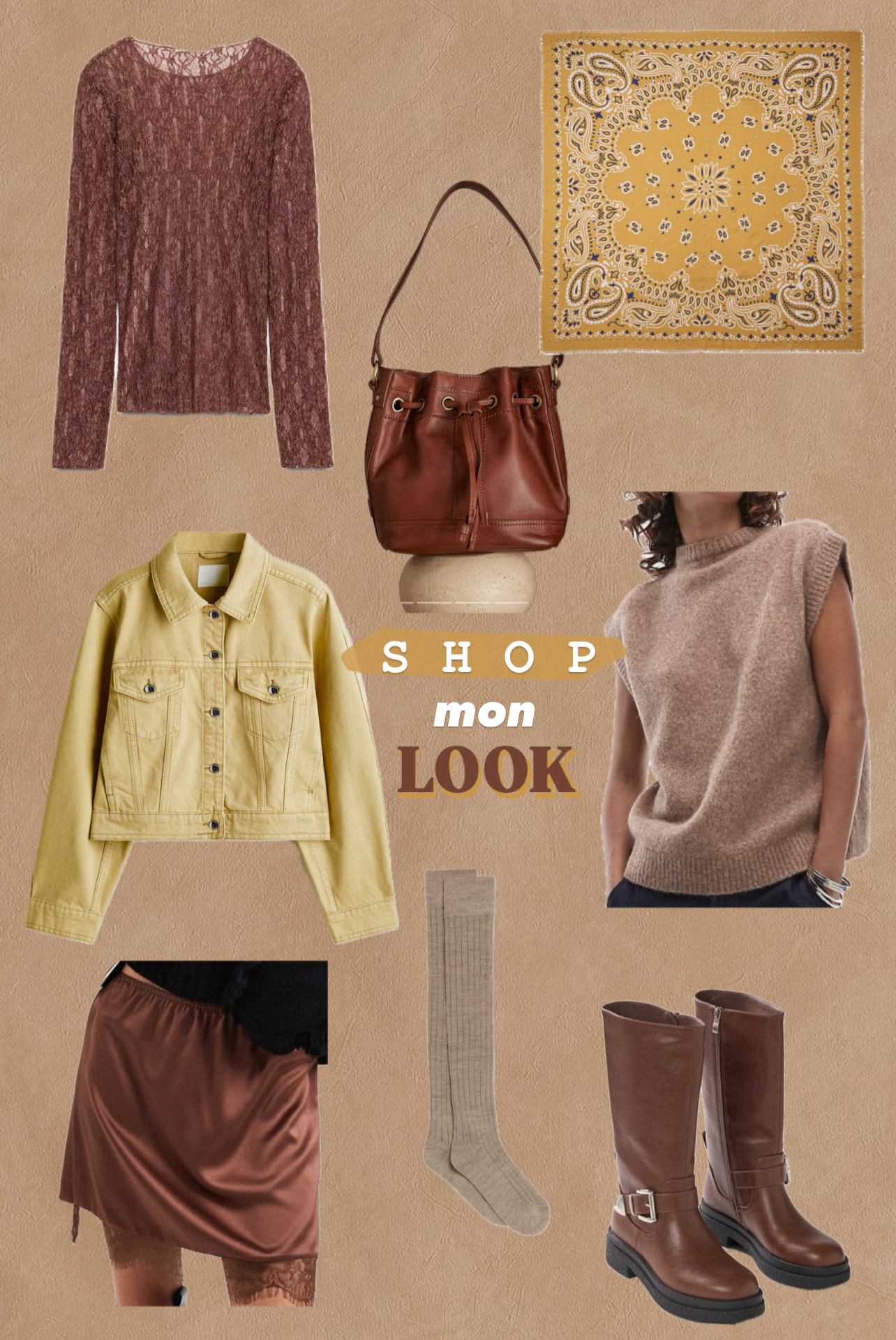 www.chonandchon.com jupe curte marron satin veste jean jaune bottes vanessa wu marron