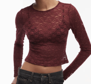 ASOS DESIGN – Crop top en dentelle transparente avec manches longues – Bordeaux