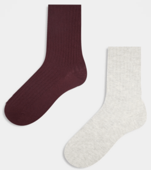Reclaimed Vintage – Lot 2 chaussettes côtelées hauteur cheville – Bordeaux et gris clair